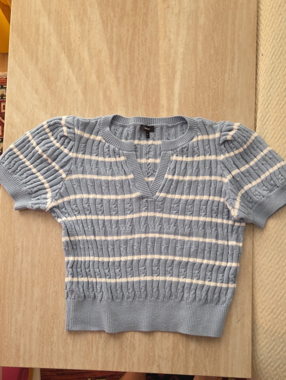 Express Light Blue & White Striped V-Neck Short Sleeve Sweater